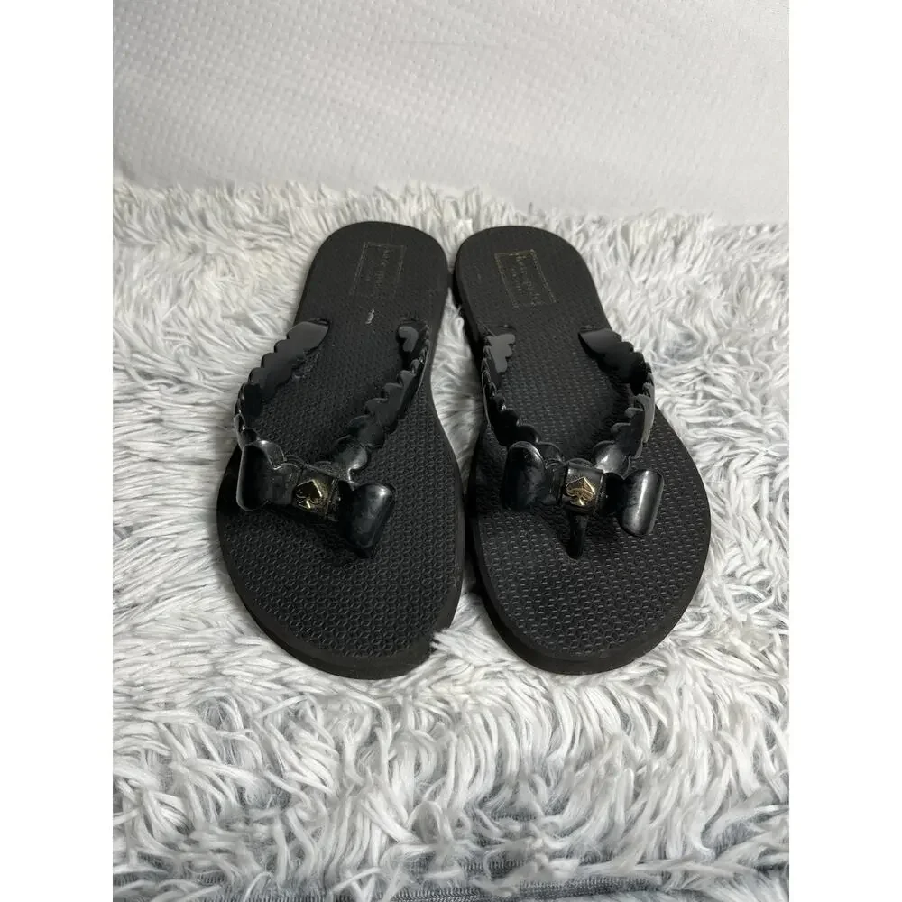 Kate Spade Denise Flip Flop Women's US 8 Gold Charm Bow Shoes Black